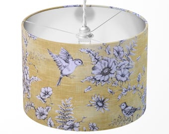 Floral Bird Lampshade, Mustard Yellow Lamp Shade, Toile Lampshade, Shabby Chic Country Botanical Flower Table Ceiling Floor Drum Lampshade