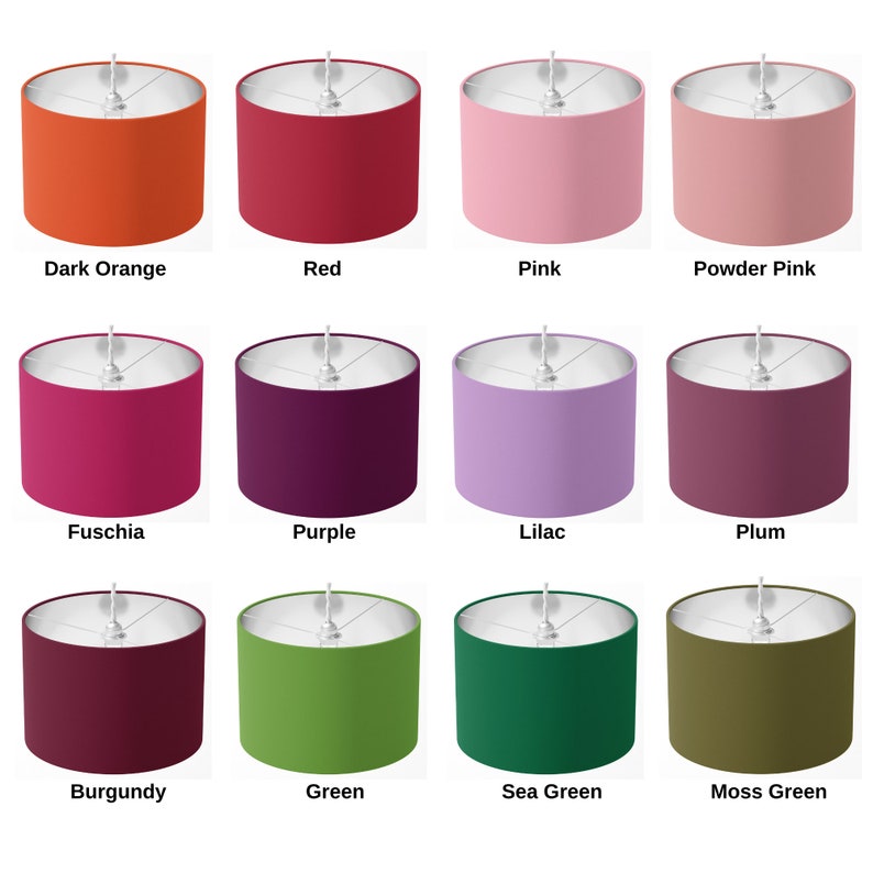 Puede incluir: Doce pantallas de l&aacute;mparas de diferentes colores, cada una con una parte superior de metal plateado y un cable blanco. Los colores son naranja oscuro, rojo, rosa, rosa claro, fucsia, morado, lila, ciruela, burdeos, verde, verde mar y verde musgo.