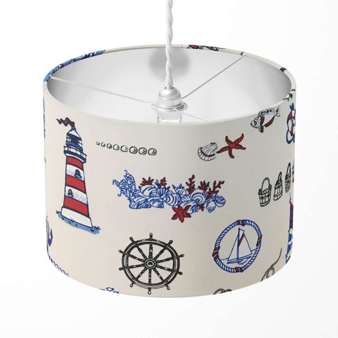 Nautical Lamp Shade, Coastal Lampshade, Blue White Boat Marine