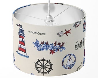 Nautical Lamp Shade, Coastal Lampshade, Blue White Boat Marine Lighthouse Blue Ocean Explorer Kids Lampshade for Ceiling Table Floor Lamp