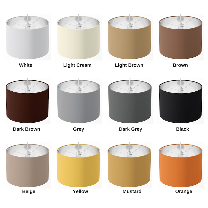 Puede incluir: Doce pantallas de l&aacute;mparas de diferentes colores, cada una con un interior blanco y una fijaci&oacute;n de metal plateado. Los colores son blanco, crema claro, marr&oacute;n claro, marr&oacute;n, marr&oacute;n oscuro, gris, gris oscuro, negro, beige, amarillo, mostaza y naranja.