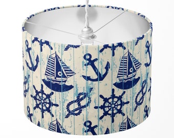 Nautical Lampshade, Boat Lampshade, Marine Lampshade, Blue White Sea Ocean Anchor Wheel Rope Knot Kids Children Boys Table Ceiling Lampshade