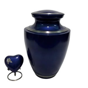 Elegant Solid Blue Aluminium Handmade Adult Cremation Urn with Heart Keepsake for human ashes