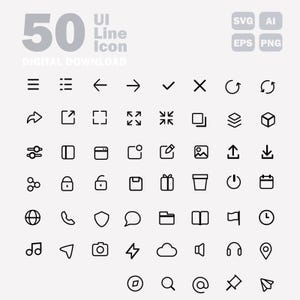Puede incluir: Un conjunto de 50 iconos de línea de interfaz de usuario en negro, que incluyen flechas, marcas de verificación y varios símbolos. El texto "50 UI Line Icon DIGITAL DOWNLOAD" se muestra en la parte superior, con opciones de tipo de archivo: SVG, AI, EPS y PNG.