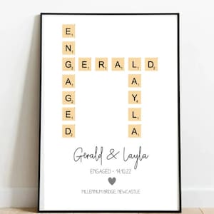 Regalo de compromiso, regalo de compromiso, marco de compromiso, marco de Scrabble personalizado hecho a mano con ubicación, casado, marco de Scrabble,