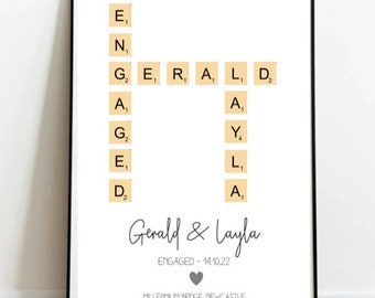 Gift for Engagement, Engaged Gift, Engagement Frame Handmade Personalised Scrabble Frame with Location, Married, Scrabble Frame,