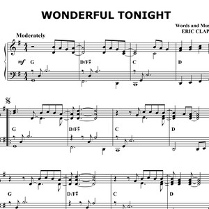 以下が含まれることがあります： エリック・クラプトンの曲「Wonderful Tonight」の楽譜。音楽は、4つのシャープと4/4拍子の拍子記号を持つ標準記譜で書かれています。曲はGメジャーで、適度なテンポです。