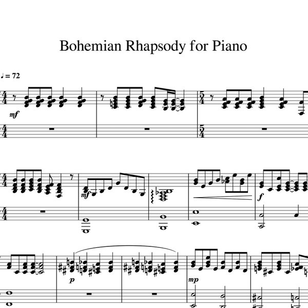 Bohemian Rhapsody, piano solo, sheet music, Queen, Freddy Mercury