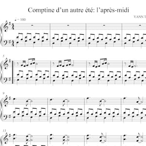 Puede incluir: Partitura de "Comptine d'un autre été: l'après-midi" de Yann Tiersen. La partitura musical está escrita en negro sobre papel blanco, con claves de sol y de fa, y varias notas y símbolos musicales.