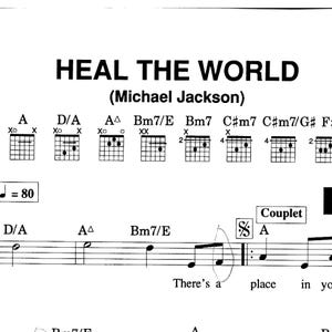 Può includere: Uno spartito stampato per la canzone Heal The World di Michael Jackson. La pagina mostra testo nero e notazione musicale su sfondo bianco, inclusi diagrammi di accordi per chitarra per A, D/A, A major 7, Bm7/E, Bm7, C#m7 e C#m7/G#.