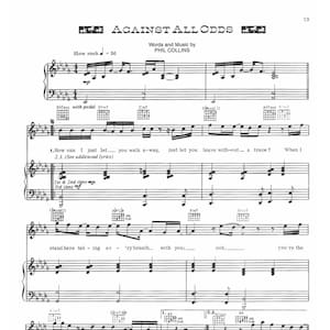 May include: A sheet music page with the title "Against All Odds" by Phil Collins. The sheet music includes musical notation, lyrics, and chord symbols.