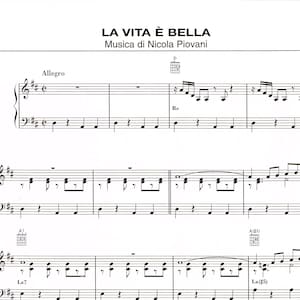 Può includere: Spartito musicale per "La Vita È Bella" di Nicola Piovani. La parte superiore della pagina presenta il titolo e il nome del compositore. La notazione musicale include chiavi di violino e di basso, note e diagrammi di accordi. È presente anche la parola "Allegro".