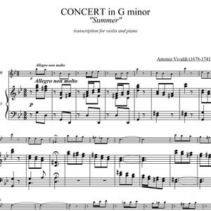 May include: Musical score for "CONCERT in G minor 'Summer'" by Antonio Vivaldi, arranged for violin and piano. The sheet music features musical notation, including treble and bass clefs, and tempo markings.