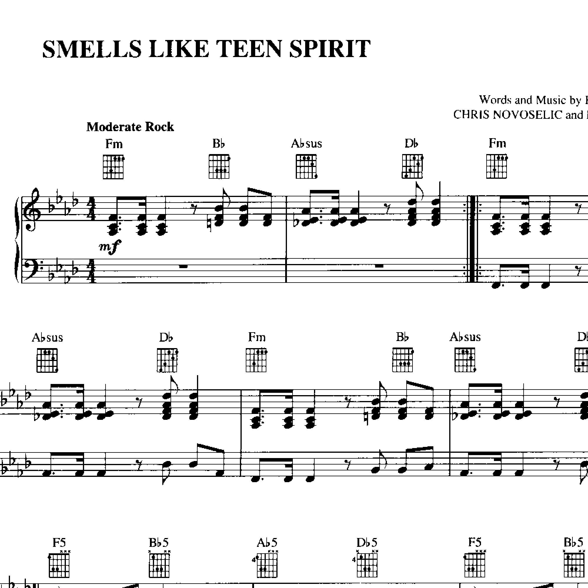 Smell Like Teen Spirit Nirvana piano solo sheet music