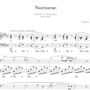Puede incluir: Partitura de "Nocturno" en do sostenido menor de Frédéric. El título está en la parte superior, con notación musical debajo. La música incluye notas, silencios e indicaciones dinámicas como "p" y "pp". La indicación de tempo es "Lento con gran espressione".