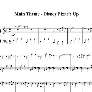 Può includere: Spartato musicale per il tema principale del film Up della Disney Pixar, con le indicazioni "Lively (175 bpm)" e "mf" per "mezzo forte".