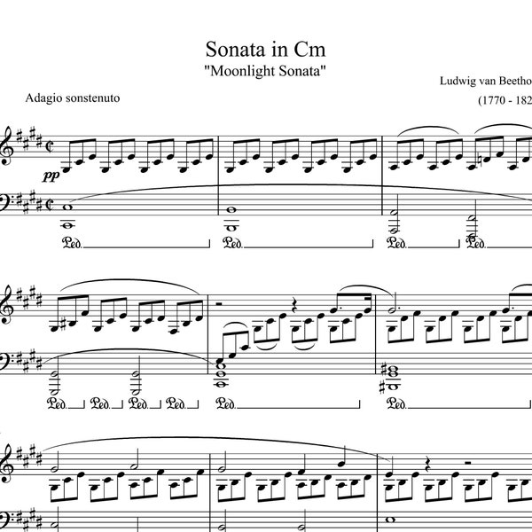 Moonlight, Beethoven, Sonata in Cm, classic piano, piano solo sheet music, digital score