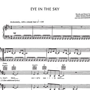 Può includere: Spart.to musicale per la canzone "Eye in the Sky" di Eric Woolfson e Alan Parsons. La musica è scritta in notazione standard con una chiave di 9 diesis e una misura di 4/4. Il tempo è segnato come 108 battiti al minuto. I testi del primo verso sono inclusi sotto la musica.