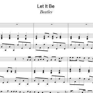 Può includere: Spart.to musicale per la canzone "Let It Be" dei Beatles. La musica è scritta in notazione standard con una chiave di violino e una chiave di basso. Il titolo della canzone è scritto in alto sulla pagina in caratteri grandi e in grassetto.