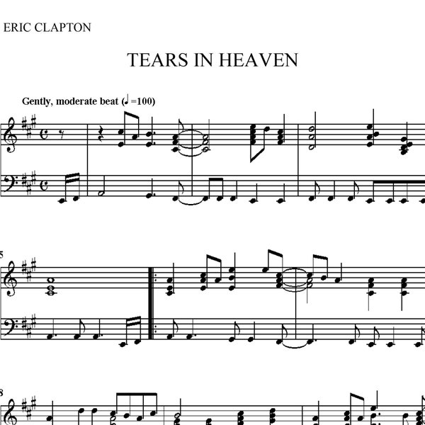 Tears in Heaven, Eric Clapton, piano solo sheet music, download and print PDF music digital score