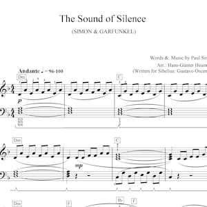 Könnte beinhalten: Notenblatt für das Lied "The Sound of Silence" von Simon & Garfunkel. Die Musik ist in C-Dur geschrieben und enthält den Text des Liedes. Die Noten sind für Klavier arrangiert und haben ein Tempo von 96-100 Schlägen pro Minute.