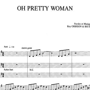 Può includere: Spart.to musicale per la canzone "Oh Pretty Woman" di Roy Orbison e Bill Dees. La musica è scritta in chiave di sol e in 4/4. Il tempo è di 134 battiti al minuto. La musica è per una chitarra elettrica.