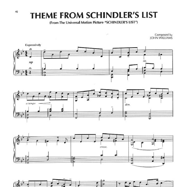 Schindlers' List di John Williams, spartito per pianoforte colonna sonora