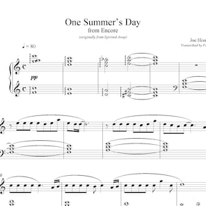 Può includere: Partitura per pianoforte per un brano intitolato "One Summer's Day" dall'album "Encore", originariamente dal film "La città incantata". La musica è scritta in notazione standard con una chiave di Do maggiore e una misura a 4/4. Il tempo è segnato come J = 80.