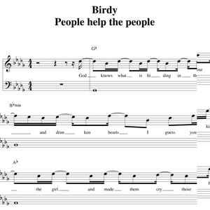 Może przedstawiać: Nuty do piosenki "People Help the People" Birdy. Tytuł i wykonawca znajdują się na górze. Nuty są czarne na białym tle. Tekst piosenki jest napisany pod nutami.