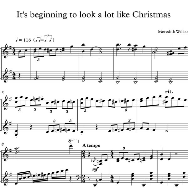 It's Beginning to Look a Lot Like Christmas, piano solo sheet music, Christmas Holiday song