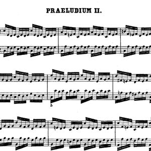Può includere: Spartito musicale con il titolo "PRAELUDIUM II." in grassetto nero in alto. La musica è composta da note e linee nere su sfondo bianco, con vari simboli musicali.