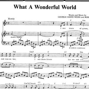 Può includere: Spartito musicale in bianco e nero per la canzone "What A Wonderful World". Lo spartito include note, testo e i nomi dei compositori. Il titolo è in alto.