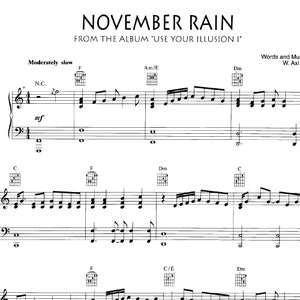 May include: Sheet music for the song "November Rain" by Guns N' Roses. The music is from the album "Use Your Illusion I". The sheet music includes the lyrics and chords for the song.