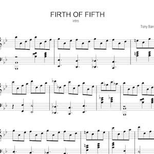 Può includere: Spart.to musicale per una canzone intitolata "Firth of Fifth" di Tony Banks. La musica è scritta in notazione standard con una chiave di violino e una chiave di basso. Il titolo della canzone è scritto in grandi caratteri grassetto nella parte superiore della pagina. La parola "intro" è scritta sotto il titolo.