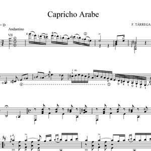 May include: Sheet music for the guitar piece "Capricho Arabe" by Francisco Tárrega. The music is written in standard notation with a key signature of D major and a time signature of 4/4. The title of the piece is written in large, bold letters at the top of the page.