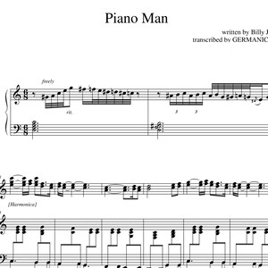 Op de afbeelding: Muziekpartituur voor "Piano Man" van Billy J, getranscribeerd door GERMANIC. De titel en componistgegevens staan bovenaan. De notatie omvat G-sleutels en F-sleutels, met noten en muzikale symbolen.