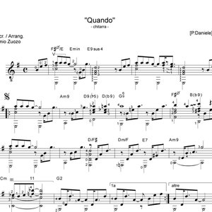 Può includere: Spartíto musicale per la canzone "Quando" con accordi di chitarra e testi. La musica è scritta in un formato di notazione musicale standard con una chiave di violino e una chiave di basso.