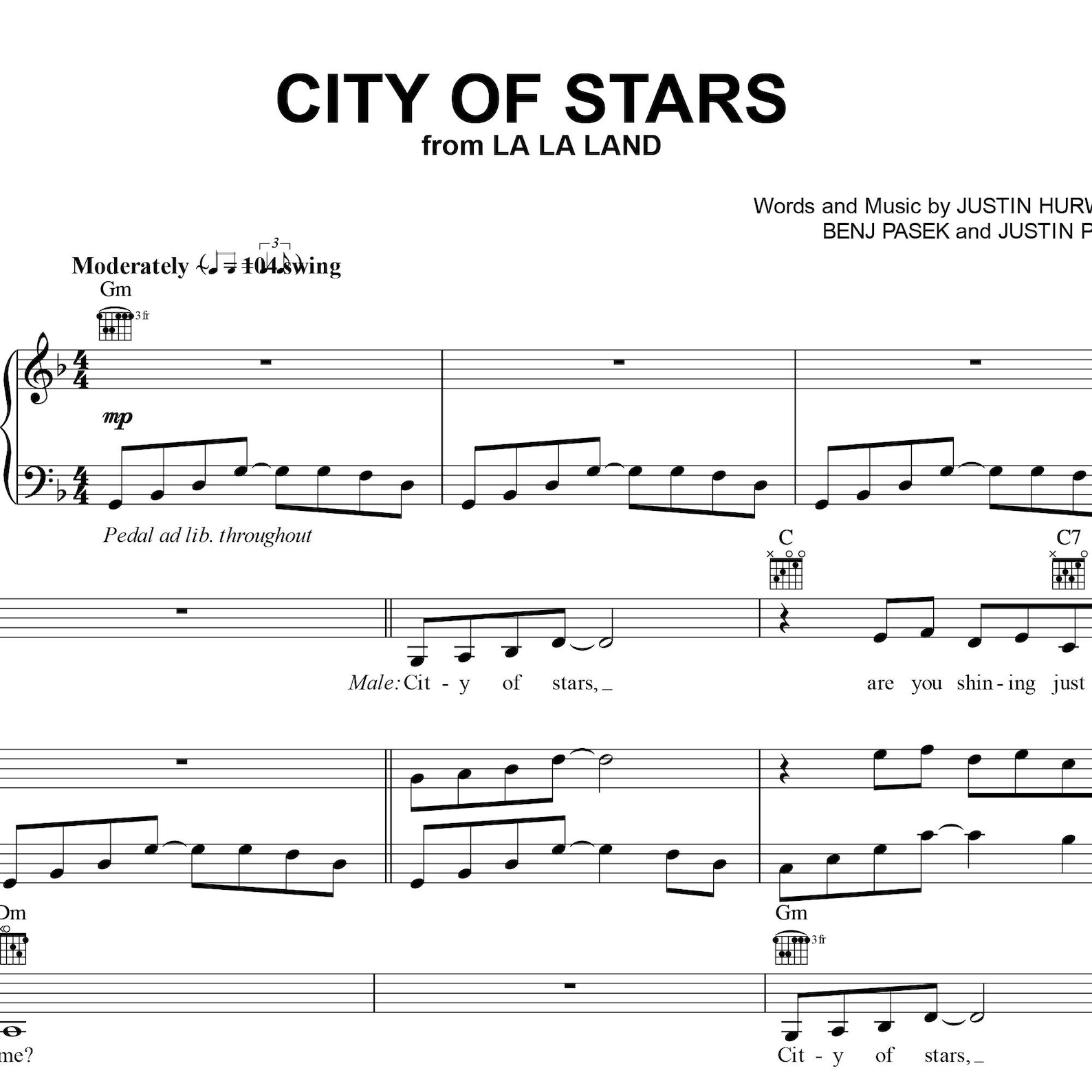 City of Stars / La La Land Ryan Gosling & Emma Stone Piano Guitar Sheet
