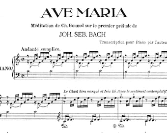 Ave Maria, C, Gounod-Bach, piano solo sheet music, Religious Christian Music, Classical sheet music