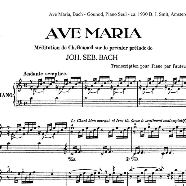 Ave Maria, C, Gounod-Bach, piano solo sheet music, Religious Christian Music, Classical sheet music