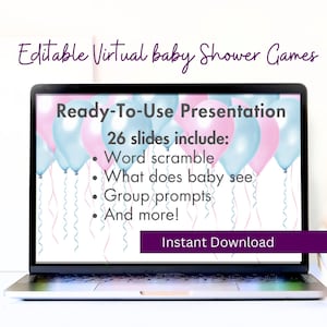 May include: A laptop screen displaying a pink and blue balloon background with the text "Ready-To-Use Presentation 26 slides include: Word scramble, What does baby see, Group prompts, And more! Instant Download".