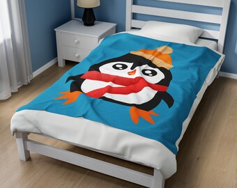 Penguin Blanket for Kids - Velveteen Plush Throw or Bedding; 1st, 2nd, 3rd, 4th Birthday Gift for Girl or Boy; Kidsroom Decor
