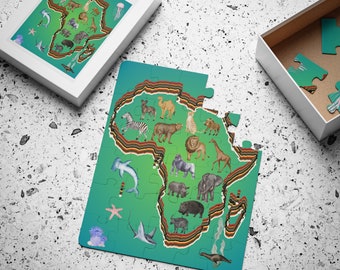 African Continent Puzzle With Animals, Educative Montessori Map Puzzle for 4 and 5 Year Old Kid, Proud African Gifts, Puzzle Kids Animals