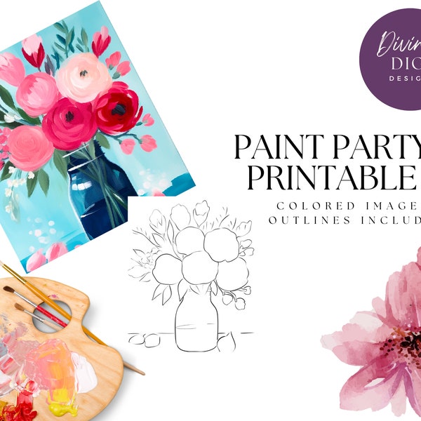DIY Paint Party imprimible, flores predibujadas en jarrón lienzo diy, descarga instantánea, arte de lienzo diy, kit de fiesta de pintura, descarga digital PNG
