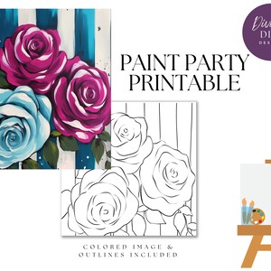 DIY Paint Party afdrukbare, vooraf getekende bloemen in vaas canvas, Instant Download, Canvaskunst, Paint Party, digitale png-download, kleurplaat