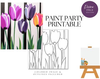 Tulips Paint Party Printable: Pre-Drawn Canvas Art (PNG Digital Download)