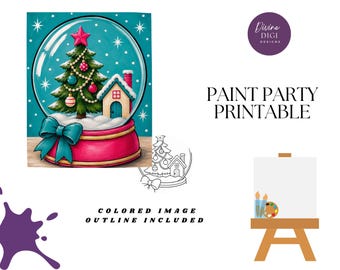 Pink and Teal Christmas Snow Globe Paint Party Printable: DIY Canvas Art (Digital Download)