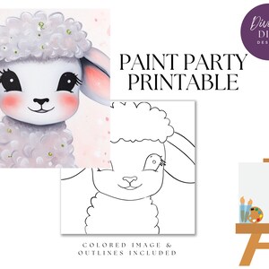 DIY Paint Party afdrukbaar, vooraf getekende schattig lamsdoek doe-het-zelf, instant download, doe-het-zelf canvaskunst, Paint Party, digitale png-download