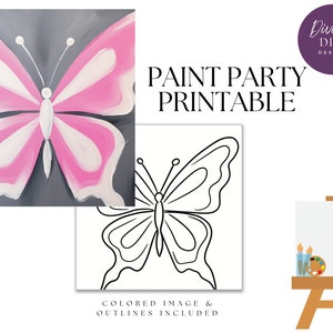 Paint Party Printable, Pre-Drawn, Instant download, Canvas Art , PNG Digital Download , Coloring Page, Butterfly, Breast Cancer Awareness