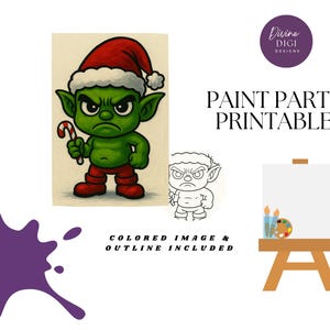 May include: A digital art print featuring a green goblin wearing a Santa hat and holding a candy cane. The image includes a colored version and an outline, with the text "PAINT PARTY PRINTABLE". A purple paint splatter is also included.
